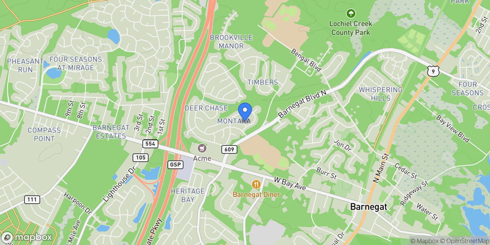 Map showing 13 Boulder Dr , Barnegat, NJ 08005, Barnegat Township, New Jersey, United States.