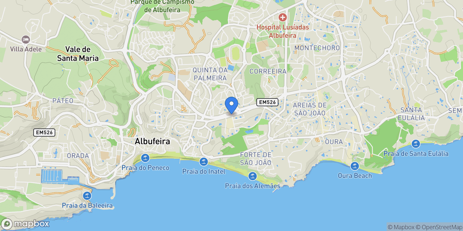 Map showing Olhos de Agua, Algarve, Portugal.
