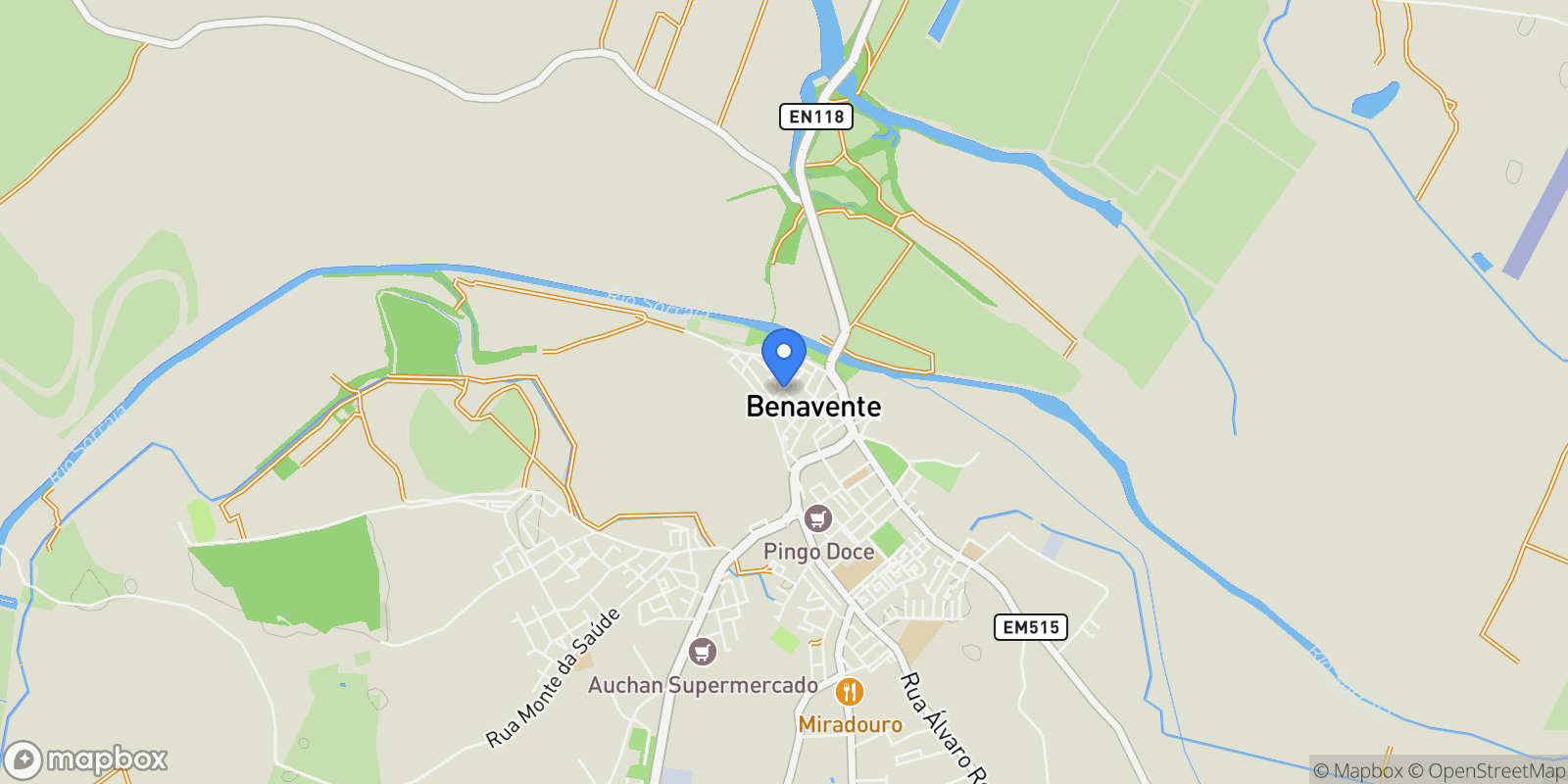 Map showing Benavente, Santarem District, Portugal.