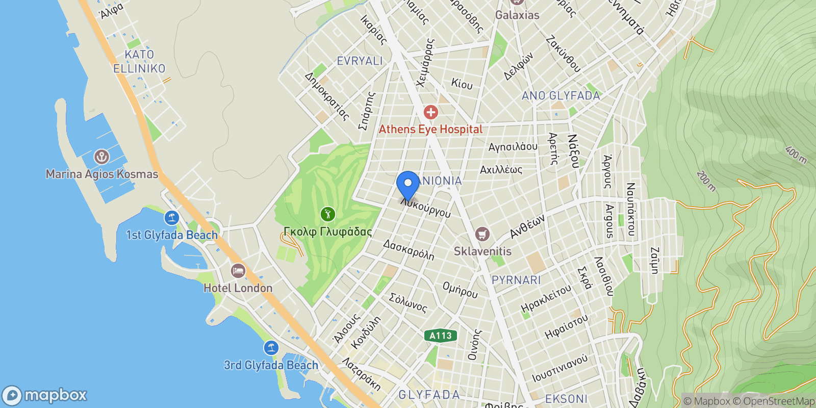 Map showing Saki Karagiorga, Glifada, Greece, Glyfada, Attica, Greece.