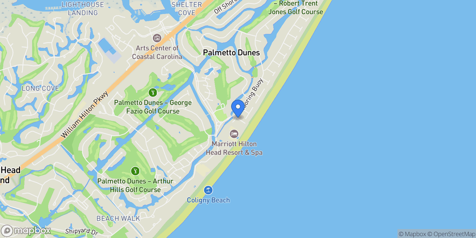 Map showing 1 Dune House, Hilton Head Island, South Carolina, United States.