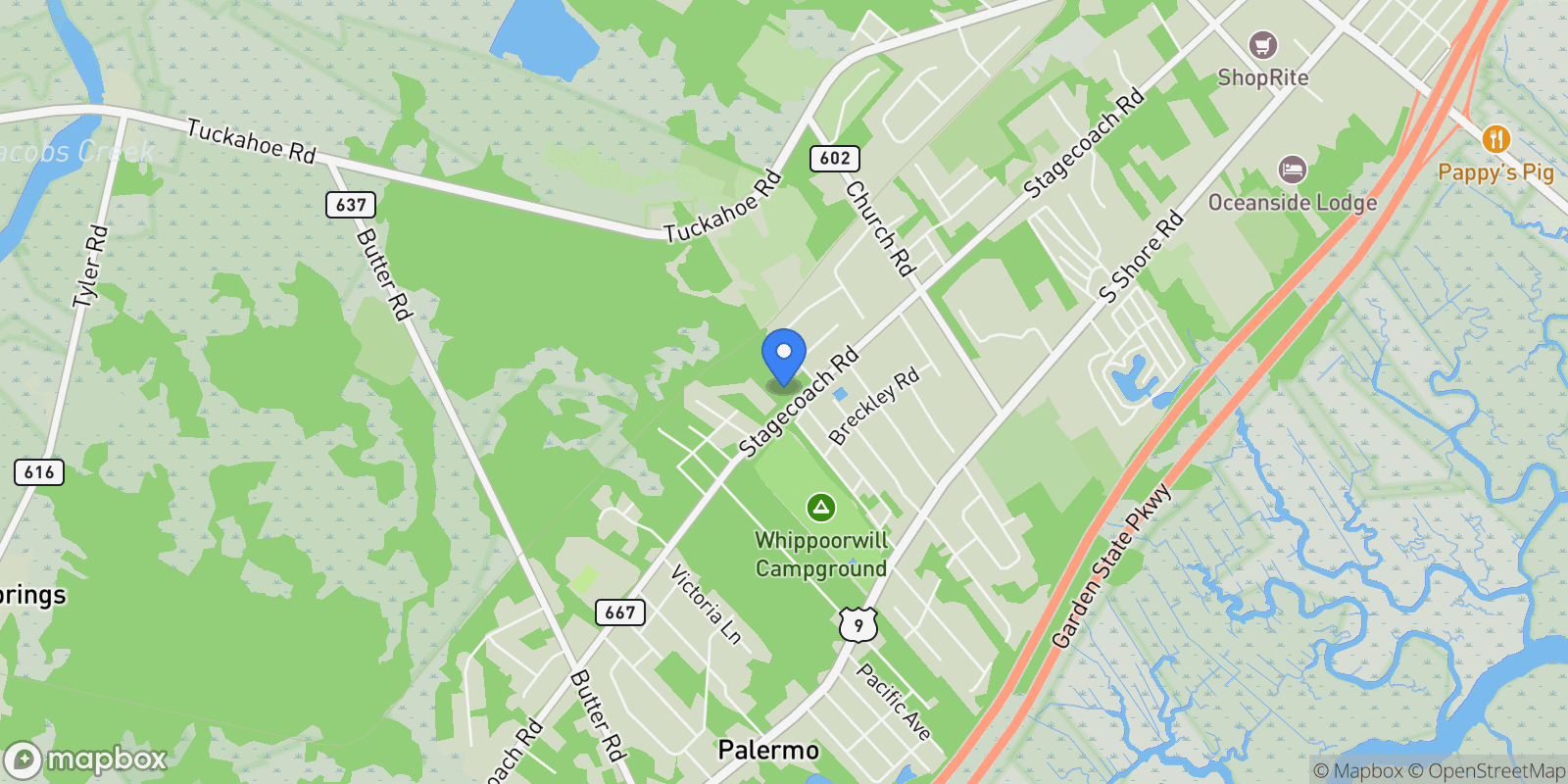 Map showing 734 Stagecoach Road, Marmora, NJ 08223, Marmora, New Jersey, United States.