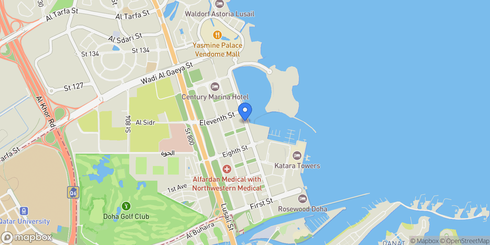Map showing Marina Tower 12, Marina District, Lusail, United Arab Emirates.