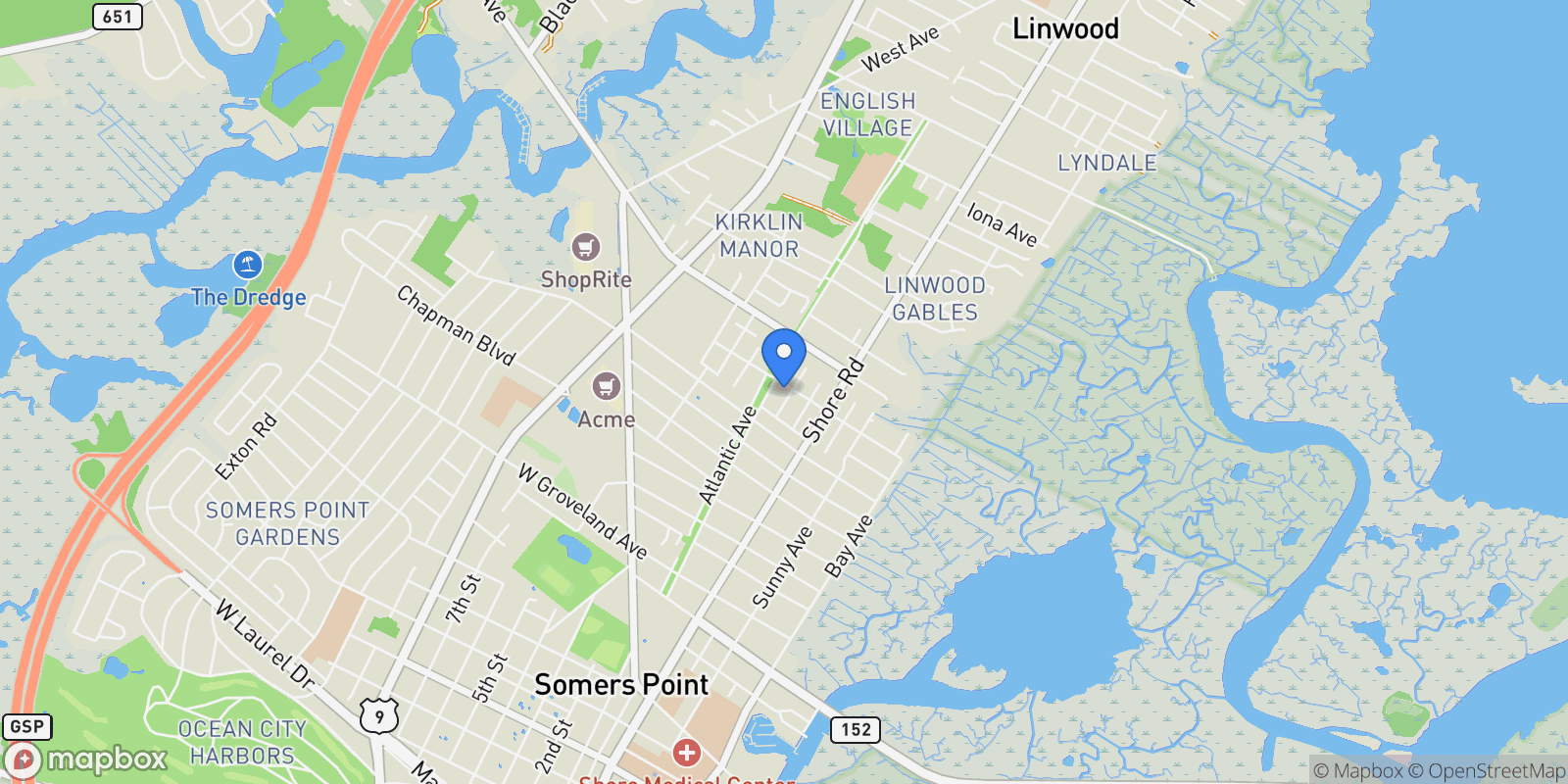 Map showing 301 Bliss Avenue, Somers Point, NJ 08244, Somers Point, New Jersey, United States.