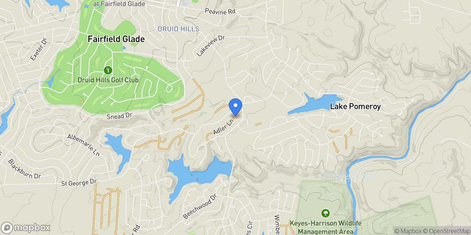 Map showing 150 Adler Lane, Fairfield Glade, TN 38558, Fairfield Glade, Tennessee, United States.