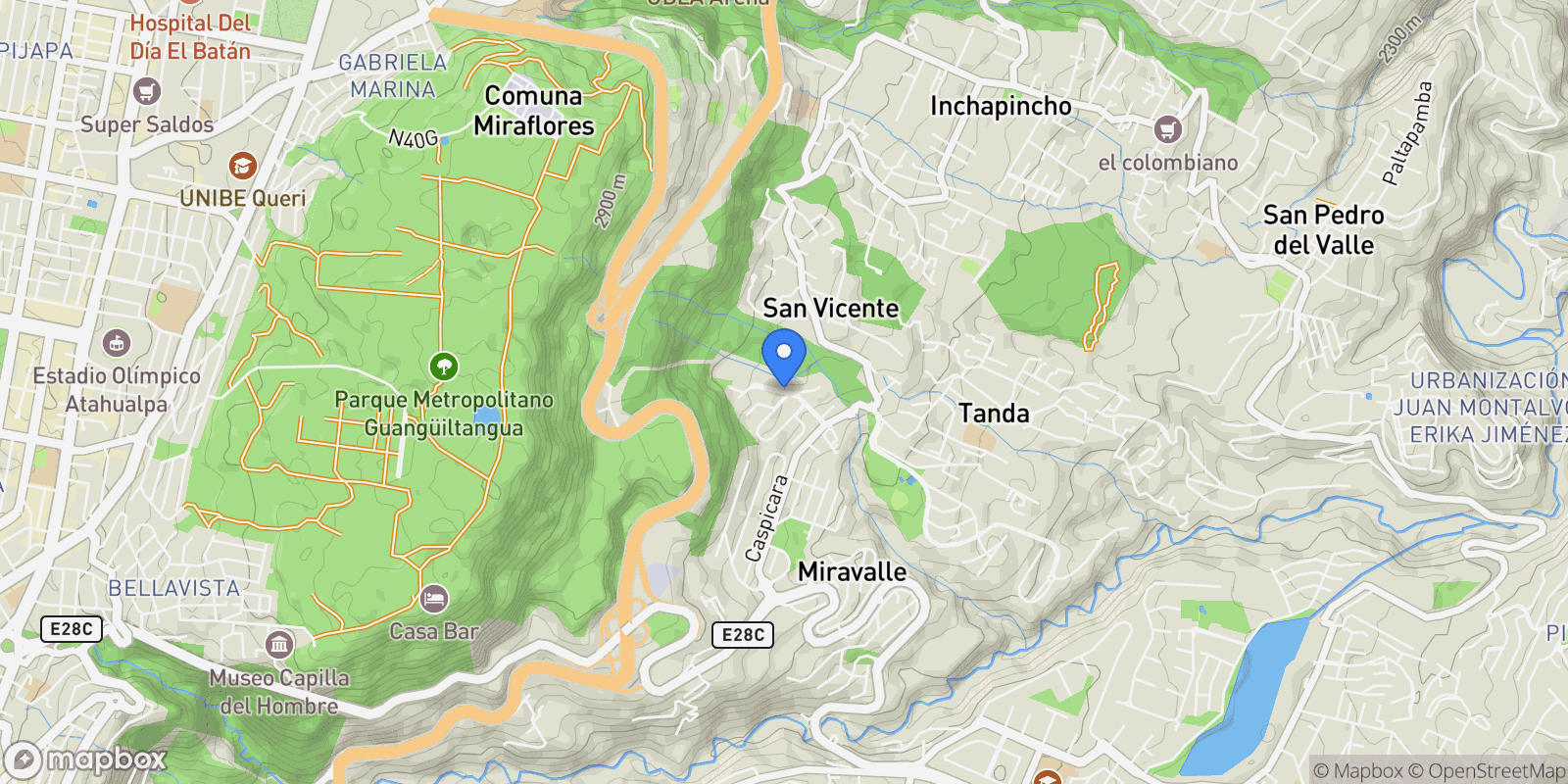 Map showing RH93+V2C, Av. De los Andes, Quito 170157, Quito, Pichincha, Ecuador.