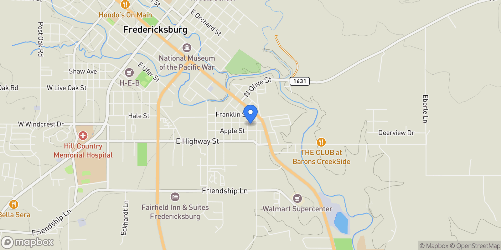 Map showing 915 Bell, Fredericksburg, Texas, United States.