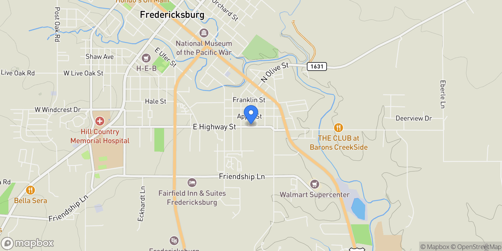 Map showing 513 S Olive Street, Fredericksburg, Texas, United States.