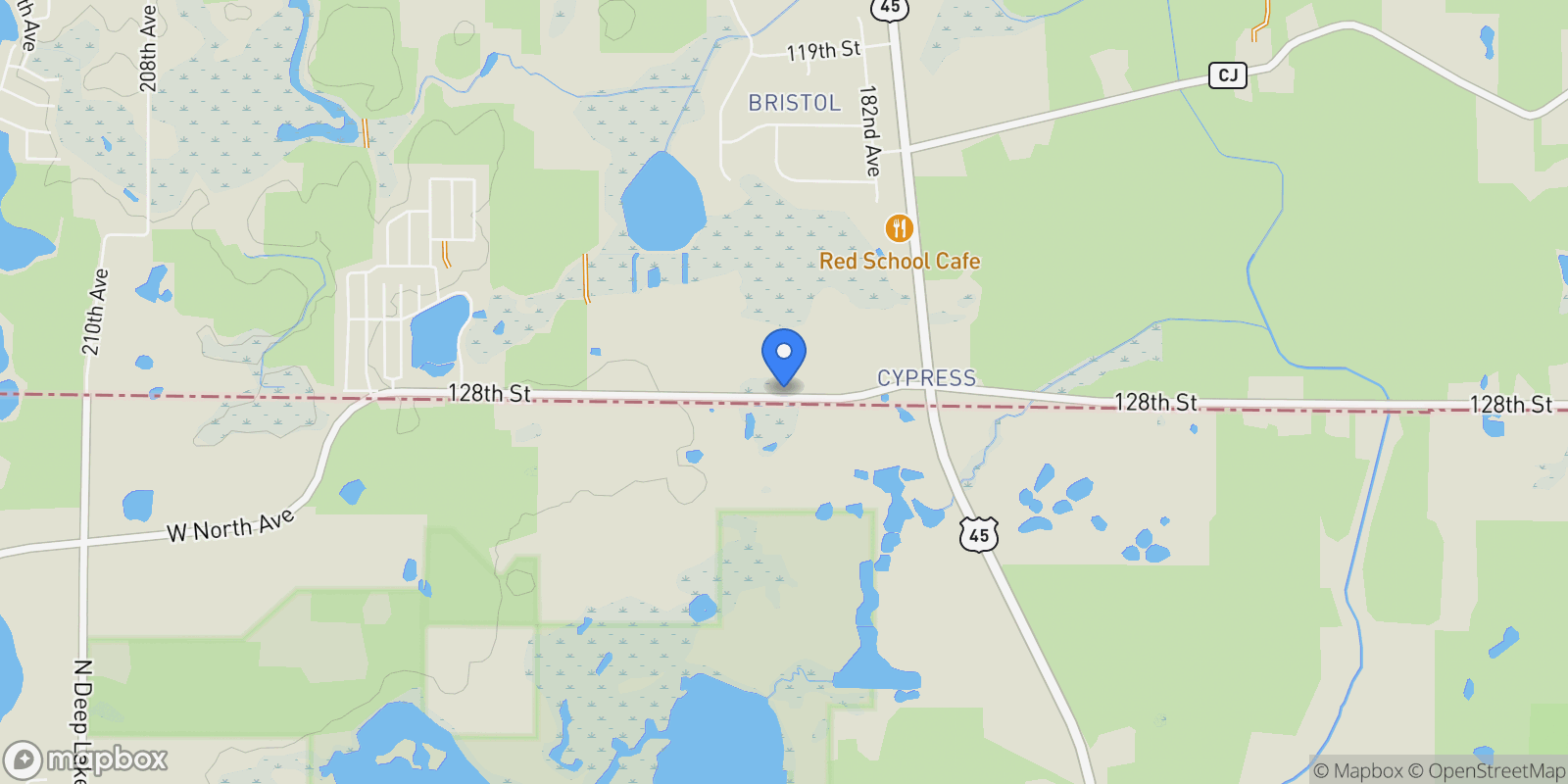 Map showing 18508 128th Street, Bristol, Wisconsin, United States.