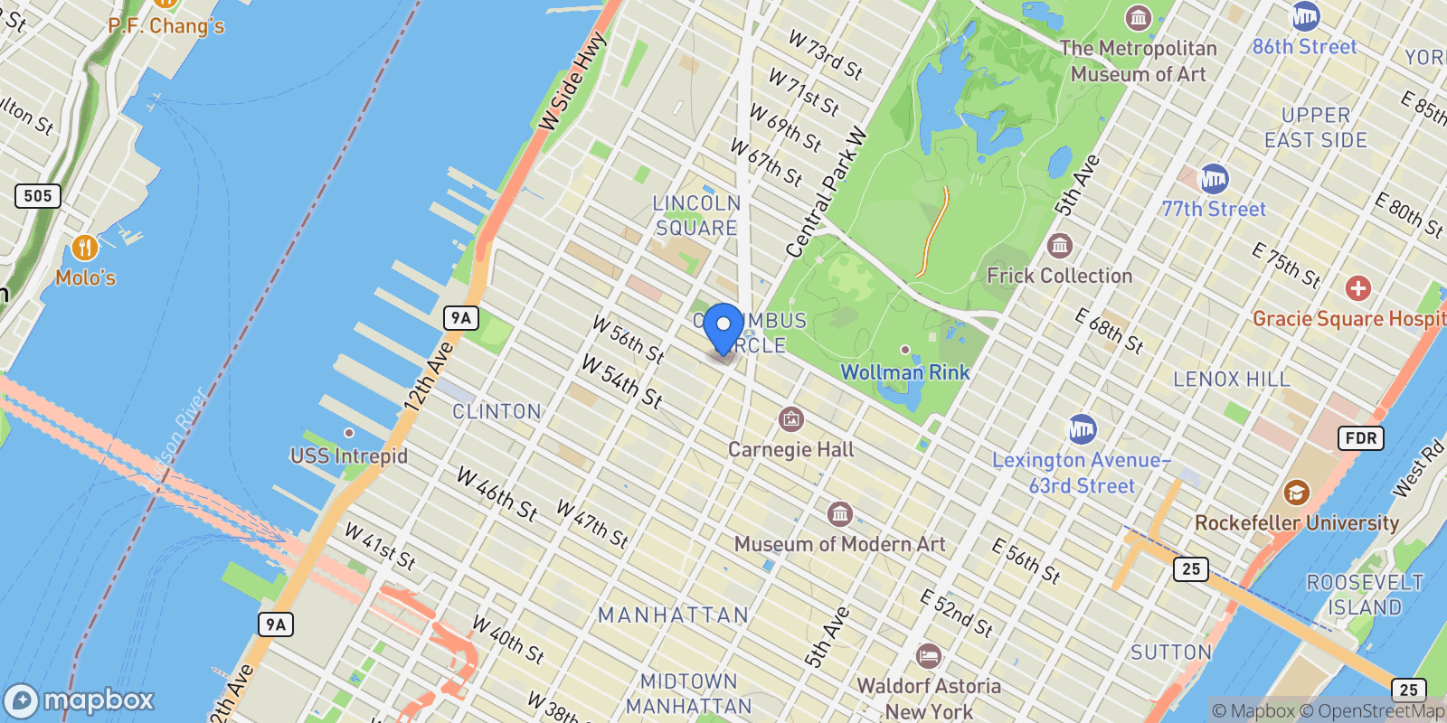 Map showing 301 West 57th Street 16D, New York, NY 10019, New York, New York, United States.
