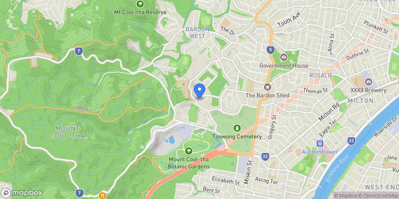 Map showing 11 Satinwood Ct, Bardon QLD 4065, Australia, Bardon, Queensland, Australia.