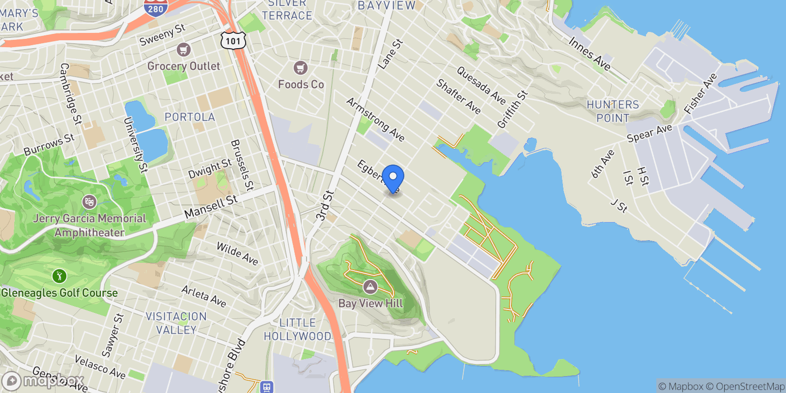 Map showing 1180 Fitzgerald Avenue, San Francisco, CA 94124, San Francisco, California, United States.