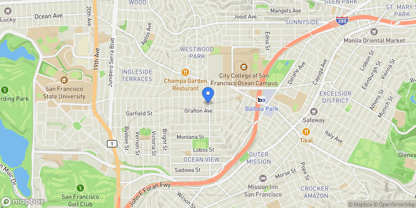 Map showing 1047 Plymouth, San Francisco, CA 94112, San Francisco, California, United States.
