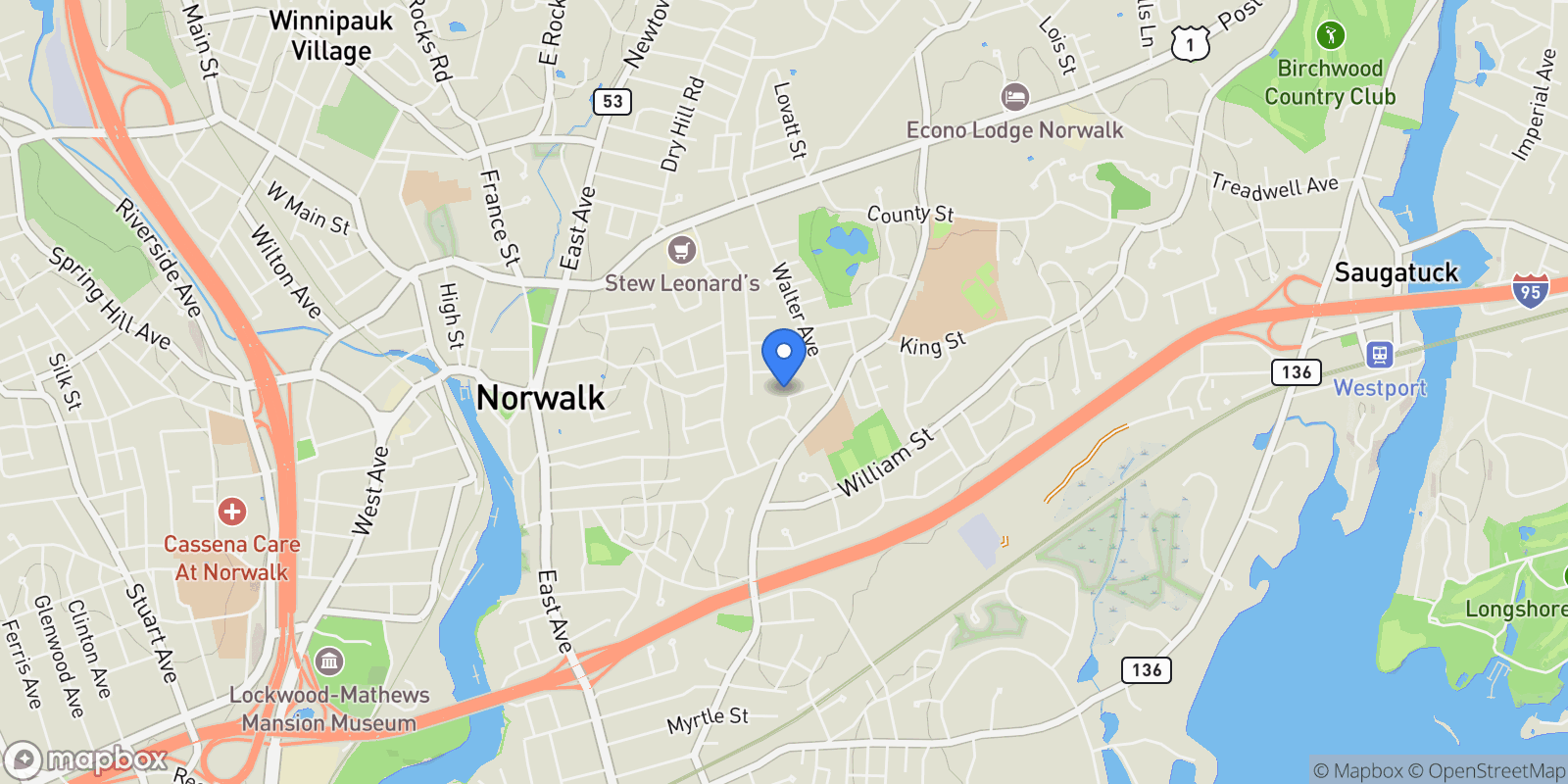 Map showing 16 Katy Lane, Norwalk, Connecticut, United States.