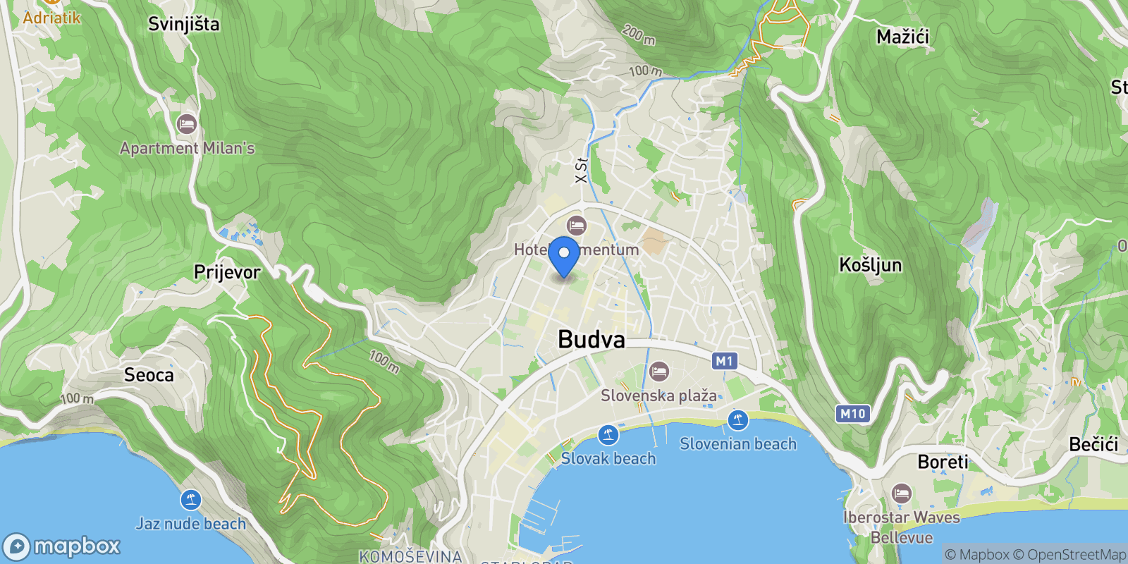 Map showing Budva, Budva, Budva Municipality, Montenegro.