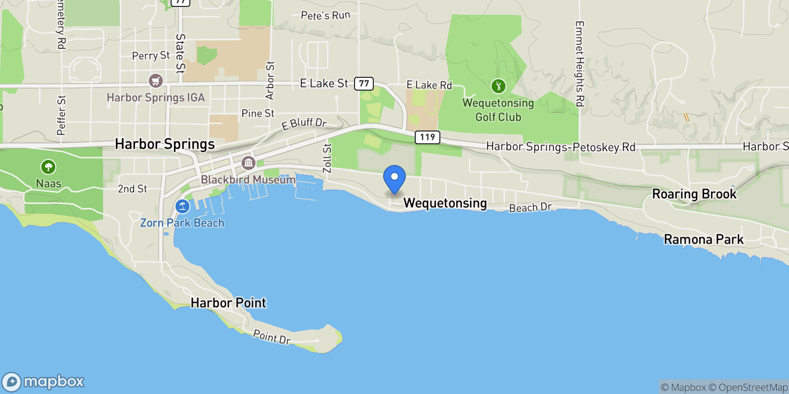Map showing 216 Artesian Avenue, Harbor Springs, MI 49740, Wequetonsing, Michigan, United States.