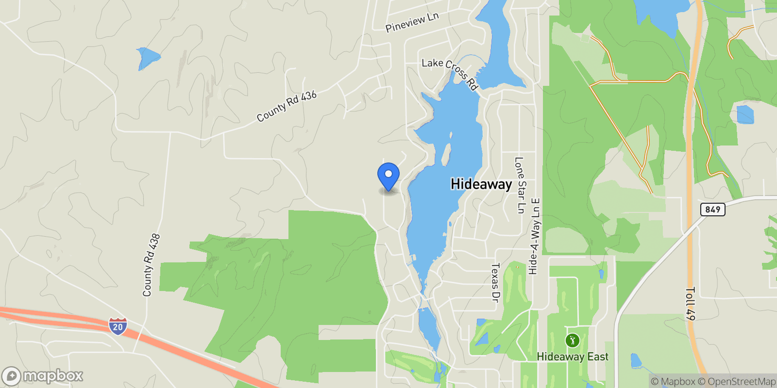 Map showing 1345 Bridle Path Lane, Hideaway, TX 75771, Hideaway, Texas, United States.