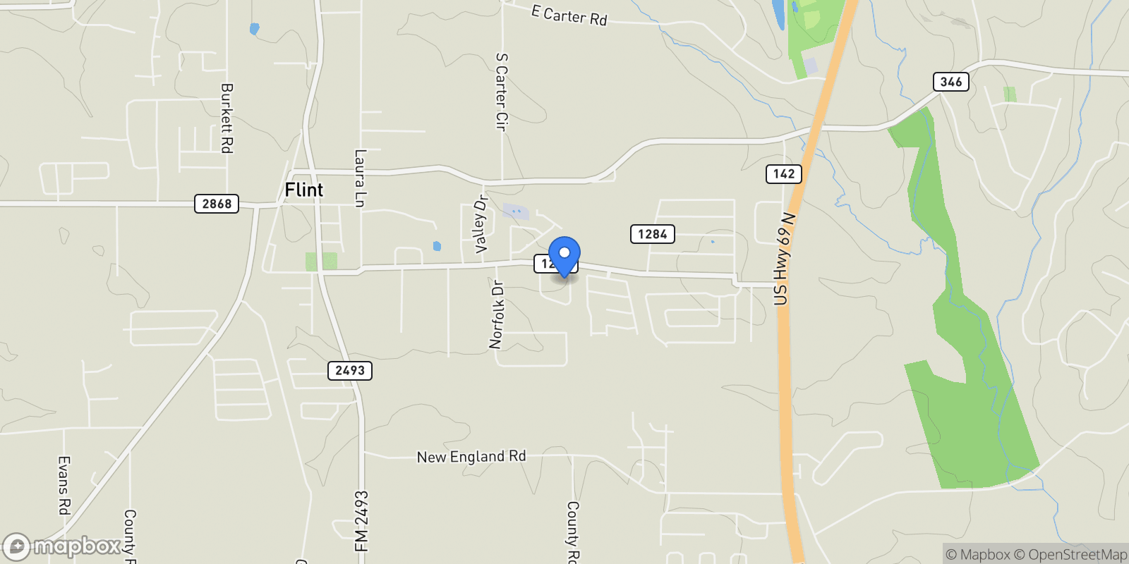 Map showing 19551 Sandhill Ln, Flint, TX 75762, Tyler, Texas, United States.
