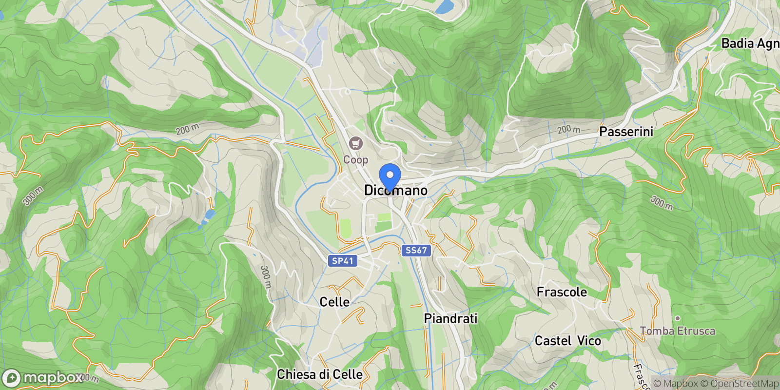 Map showing 50062 Dicomano, Metropolitan City of Florence, Italy, Dicomano, Tuscany, Italy.