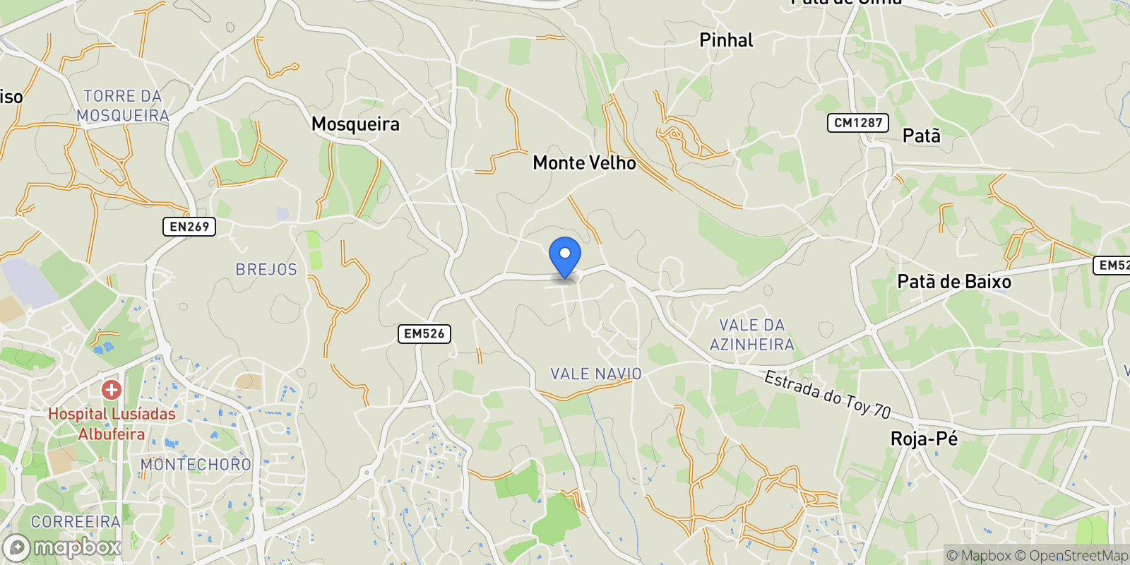 Map showing Pine Village Resort, Vale Navio, Albufeira, Faro, Olhos de Agua, Algarve, Portugal.