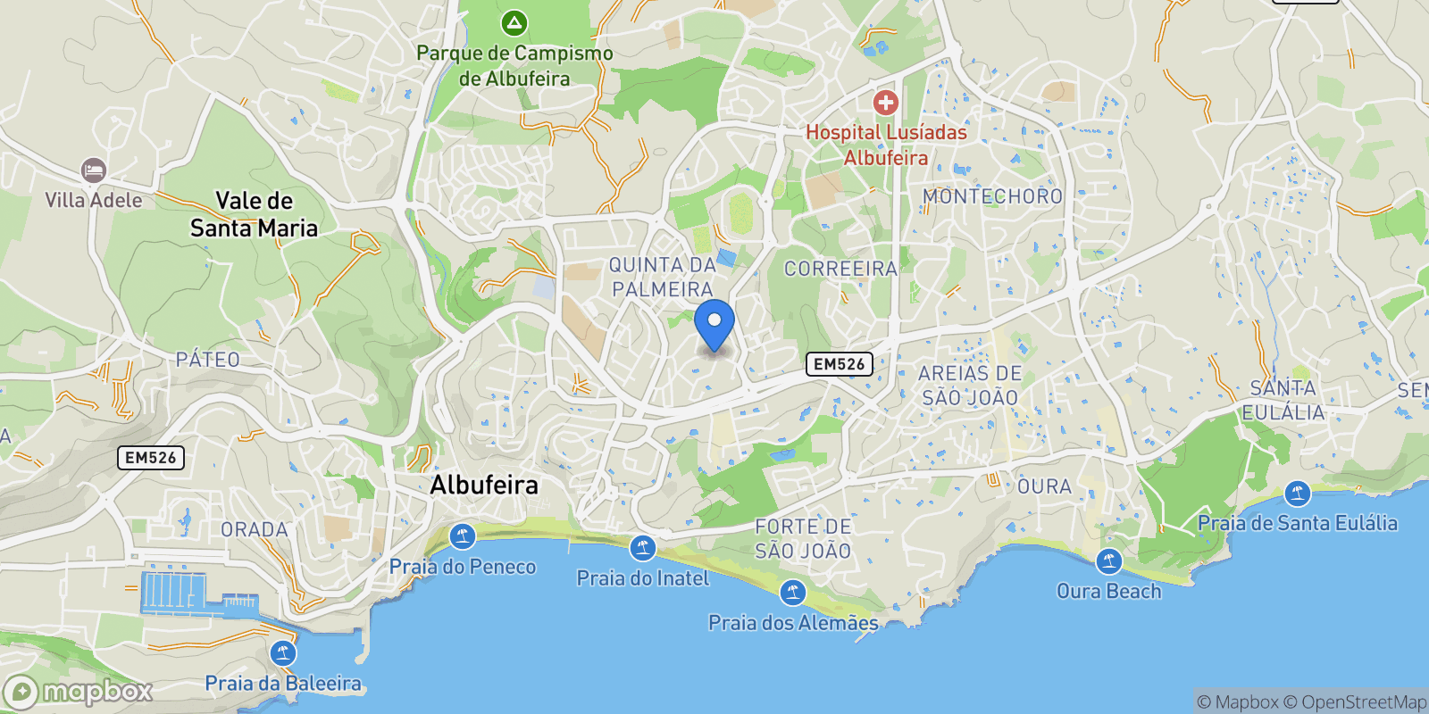 Map showing Faro, Olhos de Agua, Algarve, Portugal.