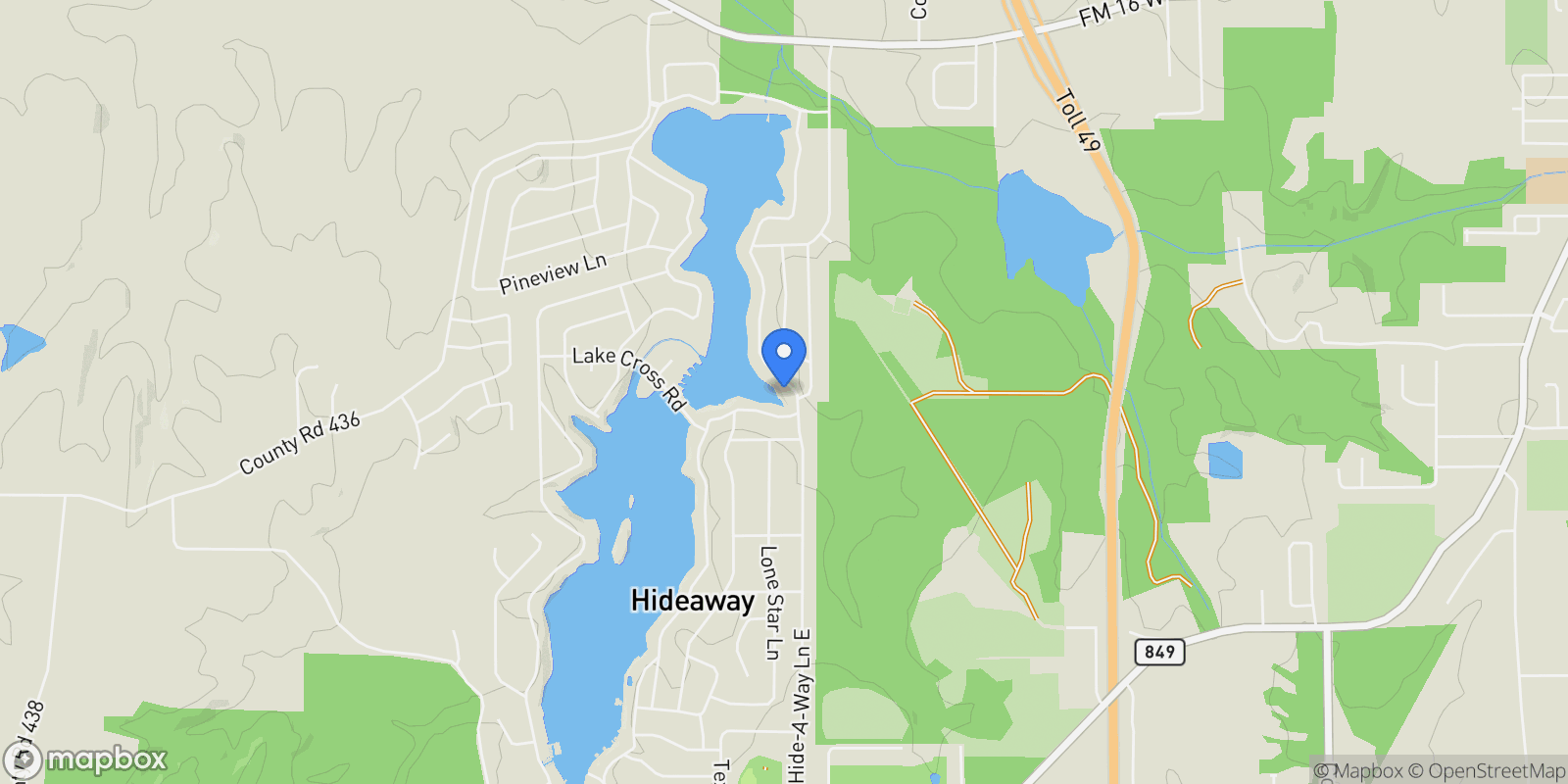 Map showing 512 E Hideaway Lane, Hideaway, TX 75771, Hideaway, Texas, United States.