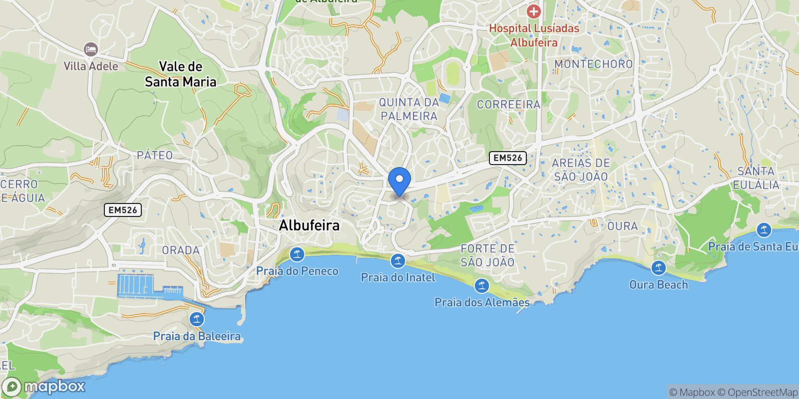 Map showing Faro, Praia dos Pescadores, Olhos de Agua, Portugal.