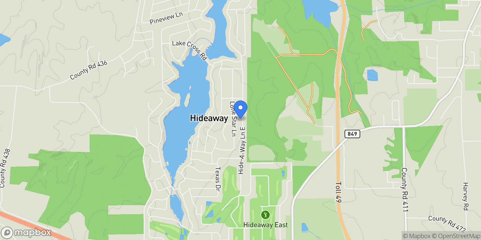 Map showing 334 Hideaway Lane Central, Hideaway, TX 75771, Hideaway, Texas, United States.