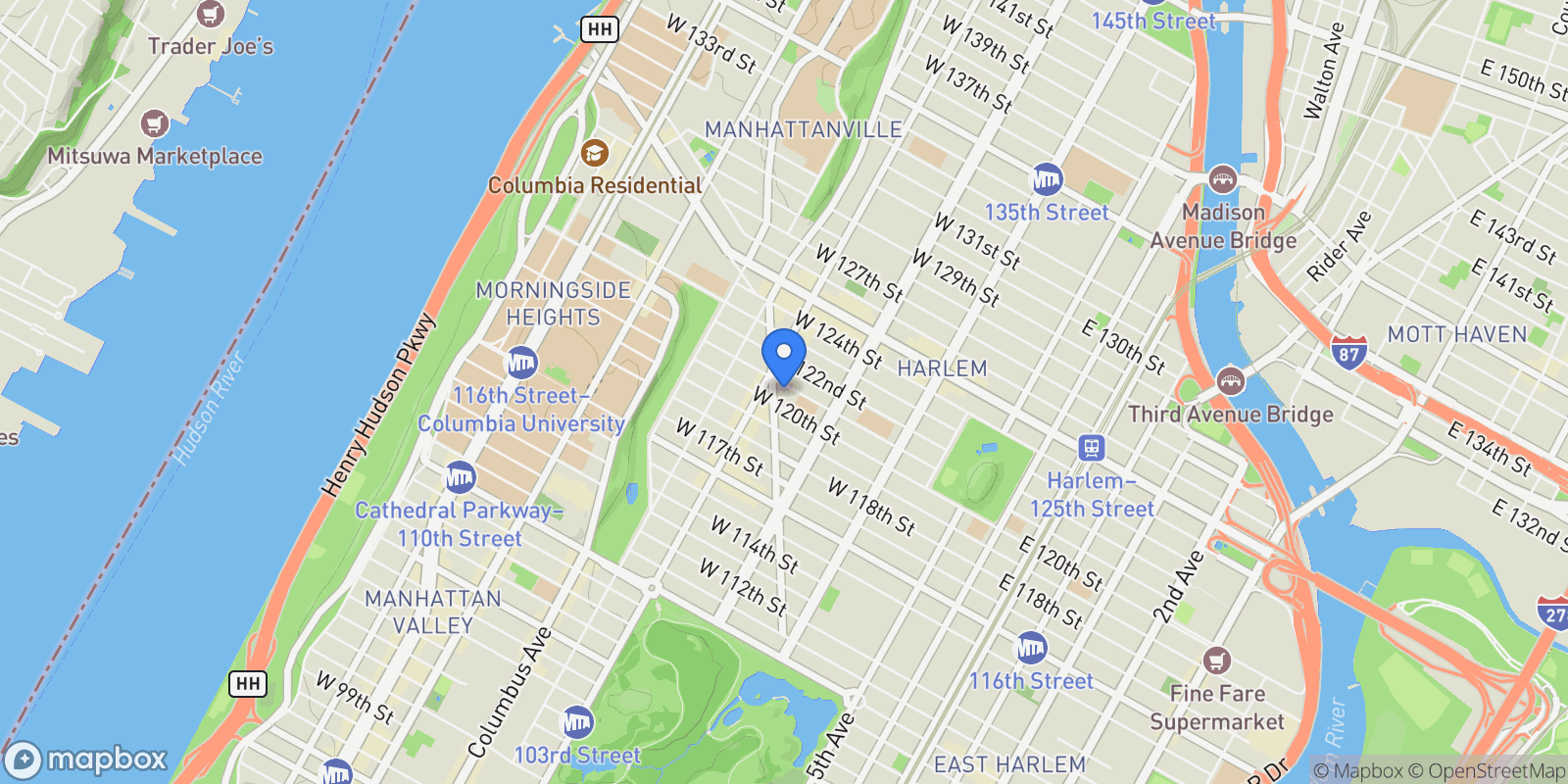 Map showing 260 West 121st Street, New York, NY 10027, New York, New York, United States.