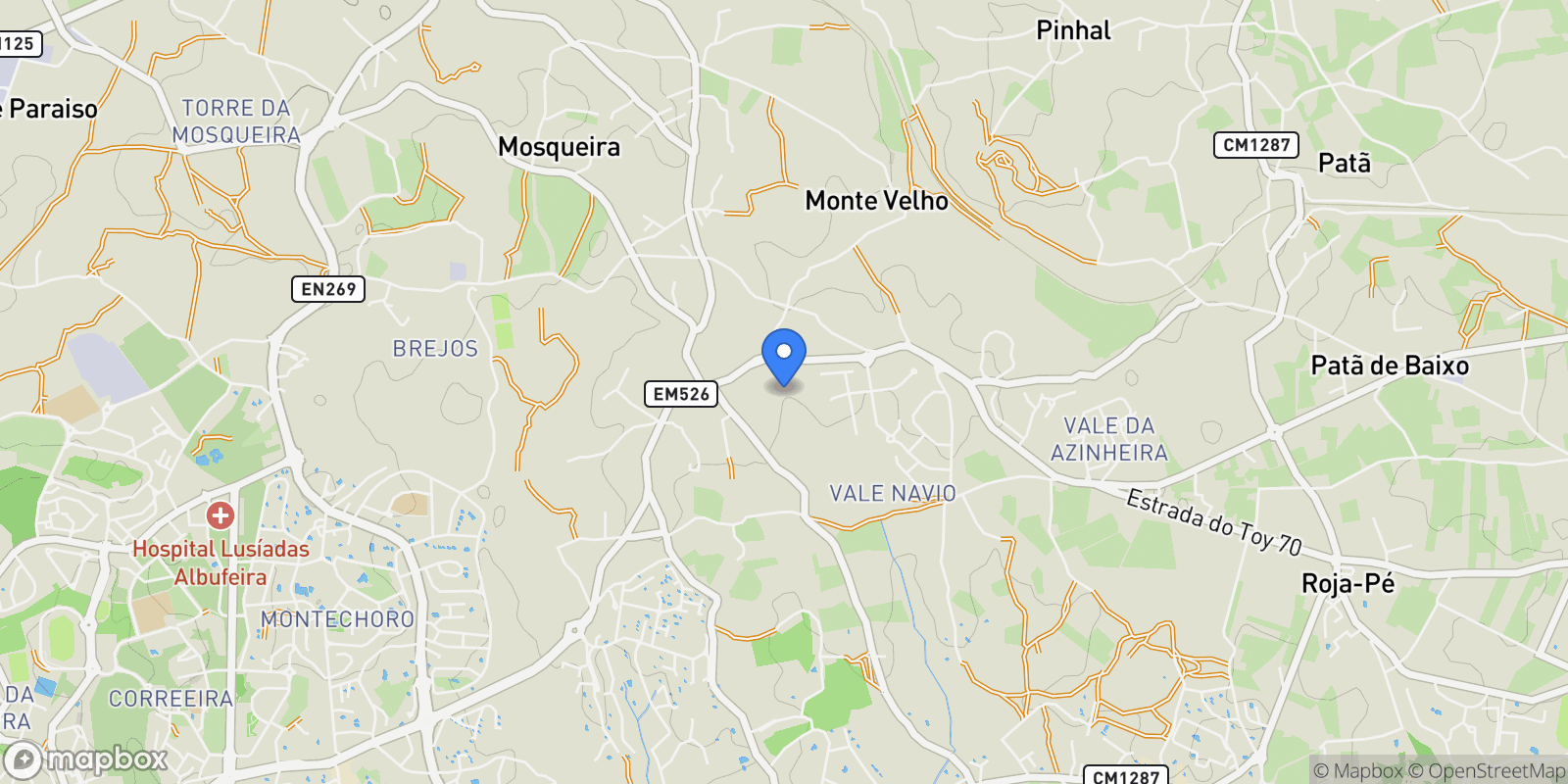 Map showing Faro, Olhos de Agua, Algarve, Portugal.