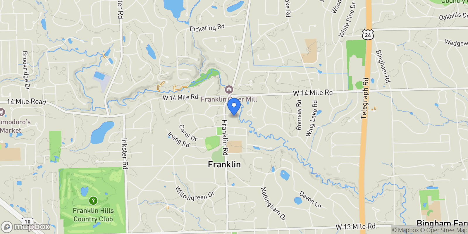 Map showing 32696 Ravine Drive, Franklin, MI, 48025, USA, Beverly Hills, Michigan, United States.