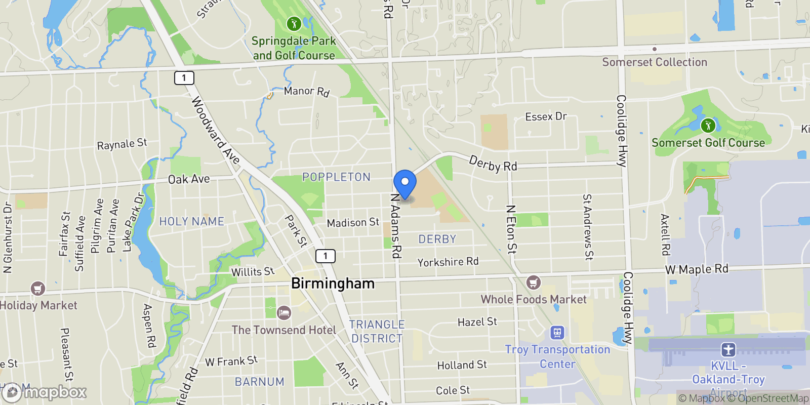 Map showing 1180 Manchester Road, Birmingham, MI, 48009, USA, Birmingham, Michigan, United States.