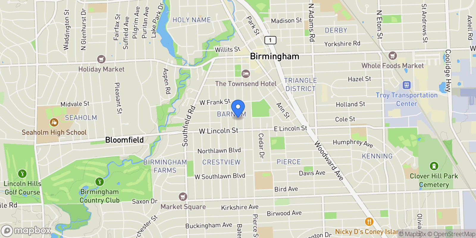 Map showing 911 S Bates Street, Birmingham, MI, 48009, USA, Birmingham, Michigan, United States.