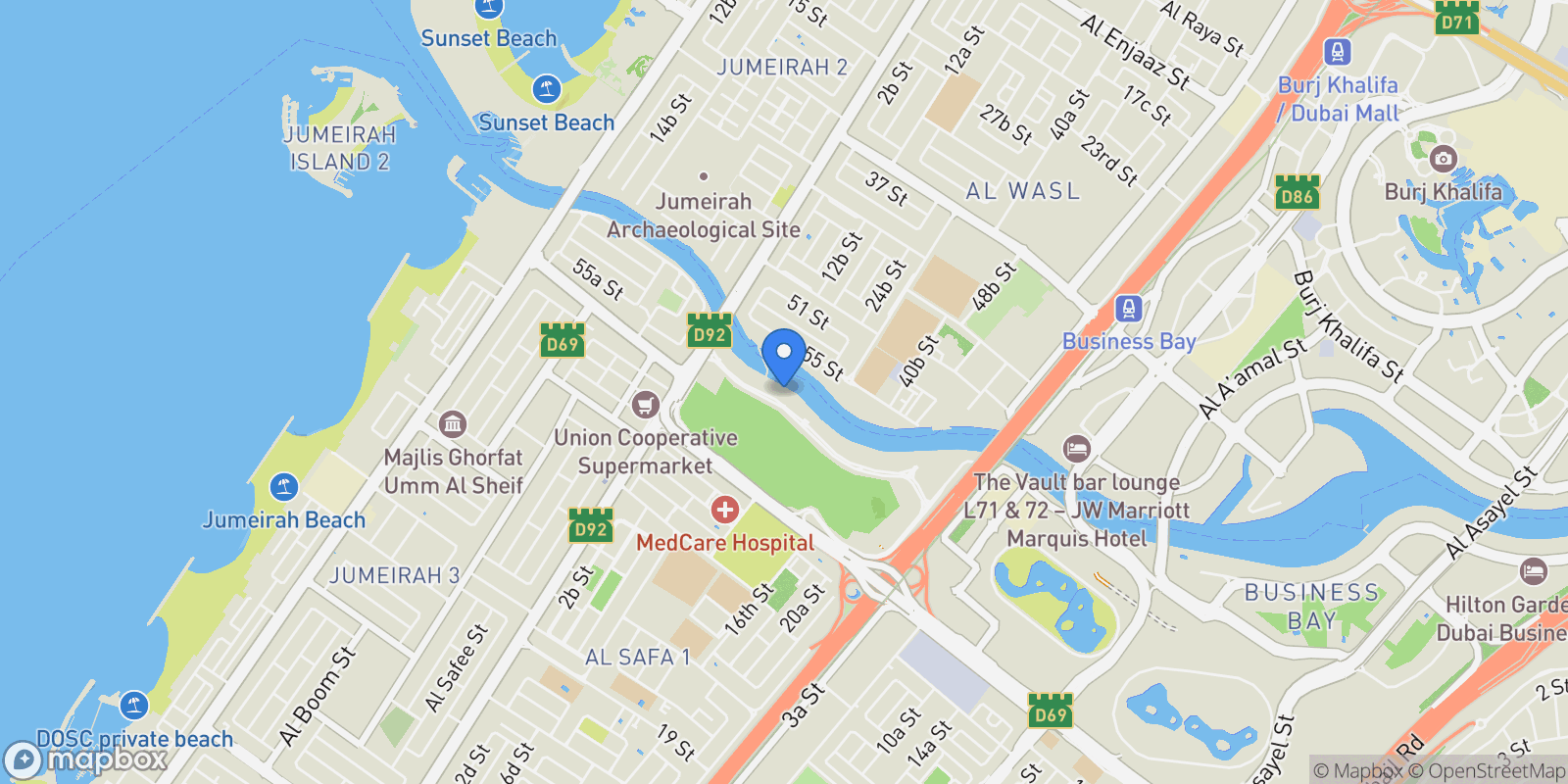 Map showing Park - Al Casa Canal - near the Tolerance Bridge - Al Safa - Dubai - United Arab Emirates, Dubai, Dubai, United Arab Emirates.