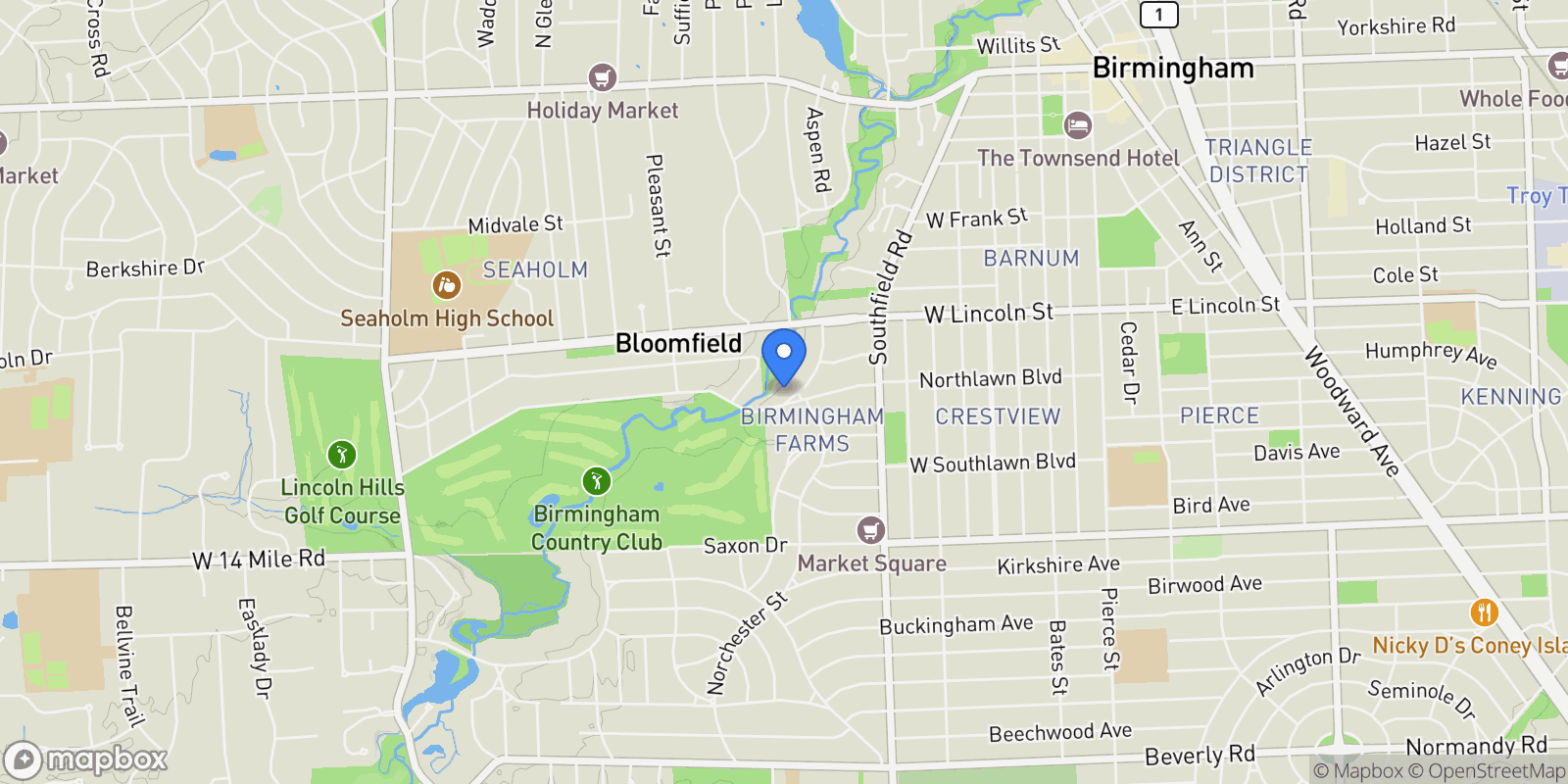 Map showing 1300 Northlawn Boulevard, Birmingham, MI, 48009, USA, Birmingham, Michigan, United States.