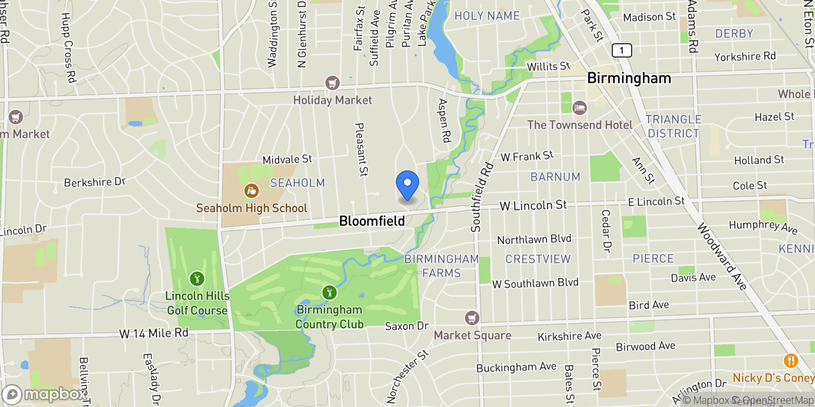 Map showing 1057 Arlington Street, Birmingham, MI, 48009, USA, Birmingham, Michigan, United States.