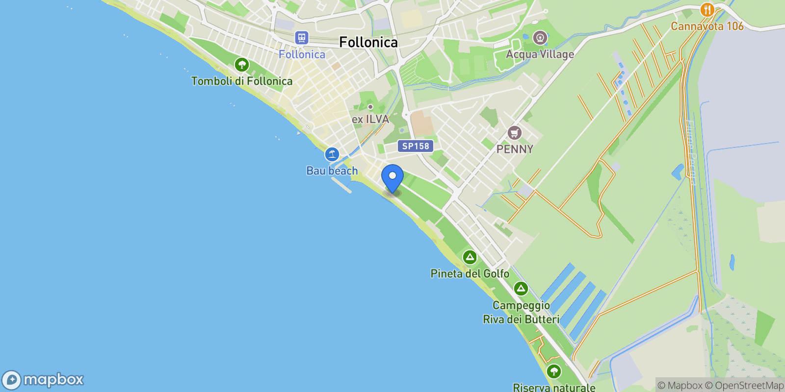 Map showing Via Spiaggia di Levante, 58022 Follonica GR, Italy, Follonica, Tuscany, Italy.