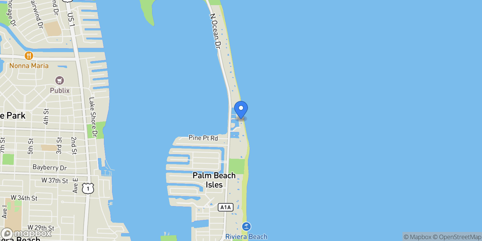 Map showing 5050 N Ocean Dr Drive 1502, Riviera Beach, Florida, United States.