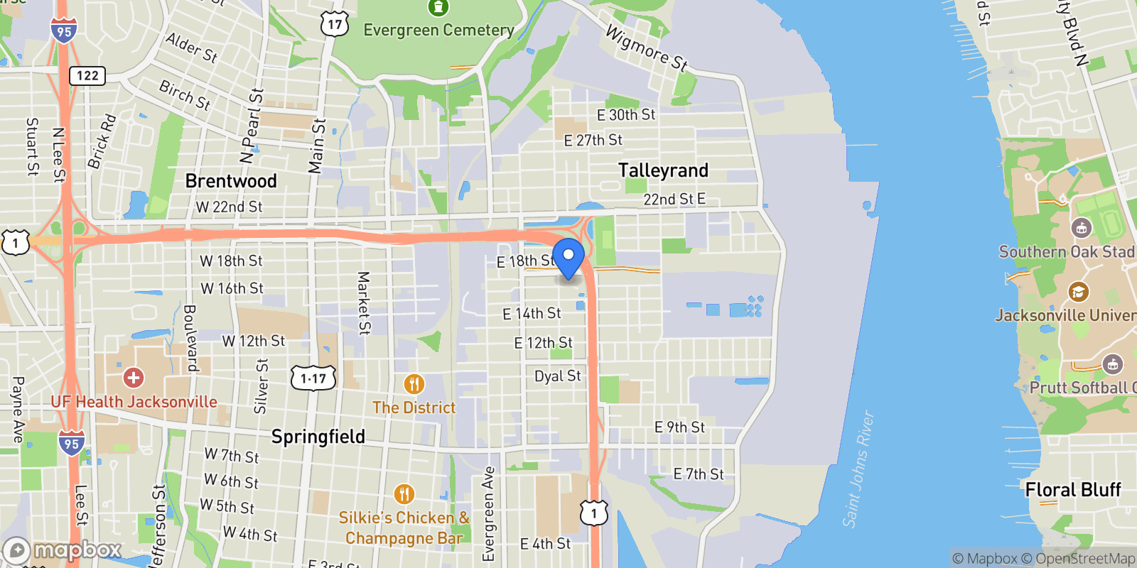 Map showing 1221 E 16TH Street, Jacksonville, Florida, United States.
