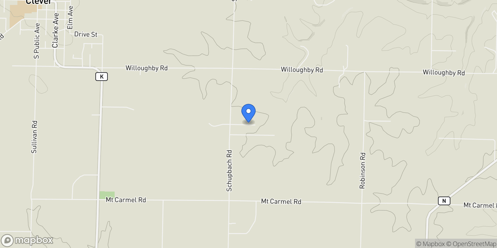 Map showing 285 Remington Road, Clever, MO 65631, Clever, Missouri, United States.