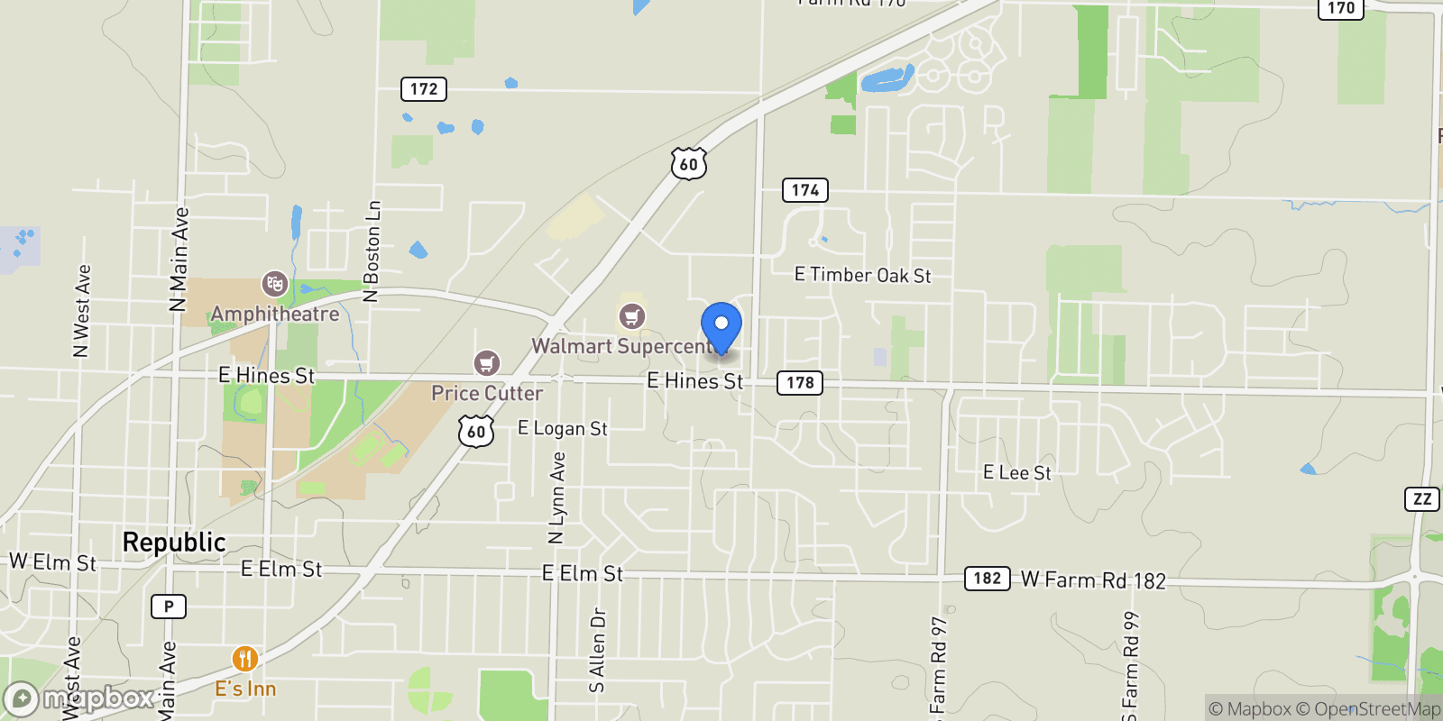 Map showing 2745 E Bradford Street, Republic, MO 65738, Republic, Missouri, United States.