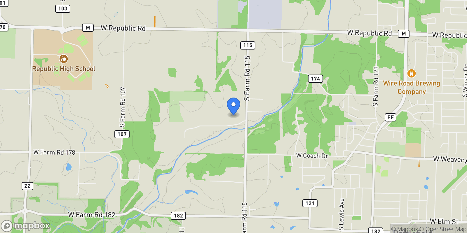 Map showing 5105 W Dulin Lane, Brookline, MO 65619, Republic, Missouri, United States.