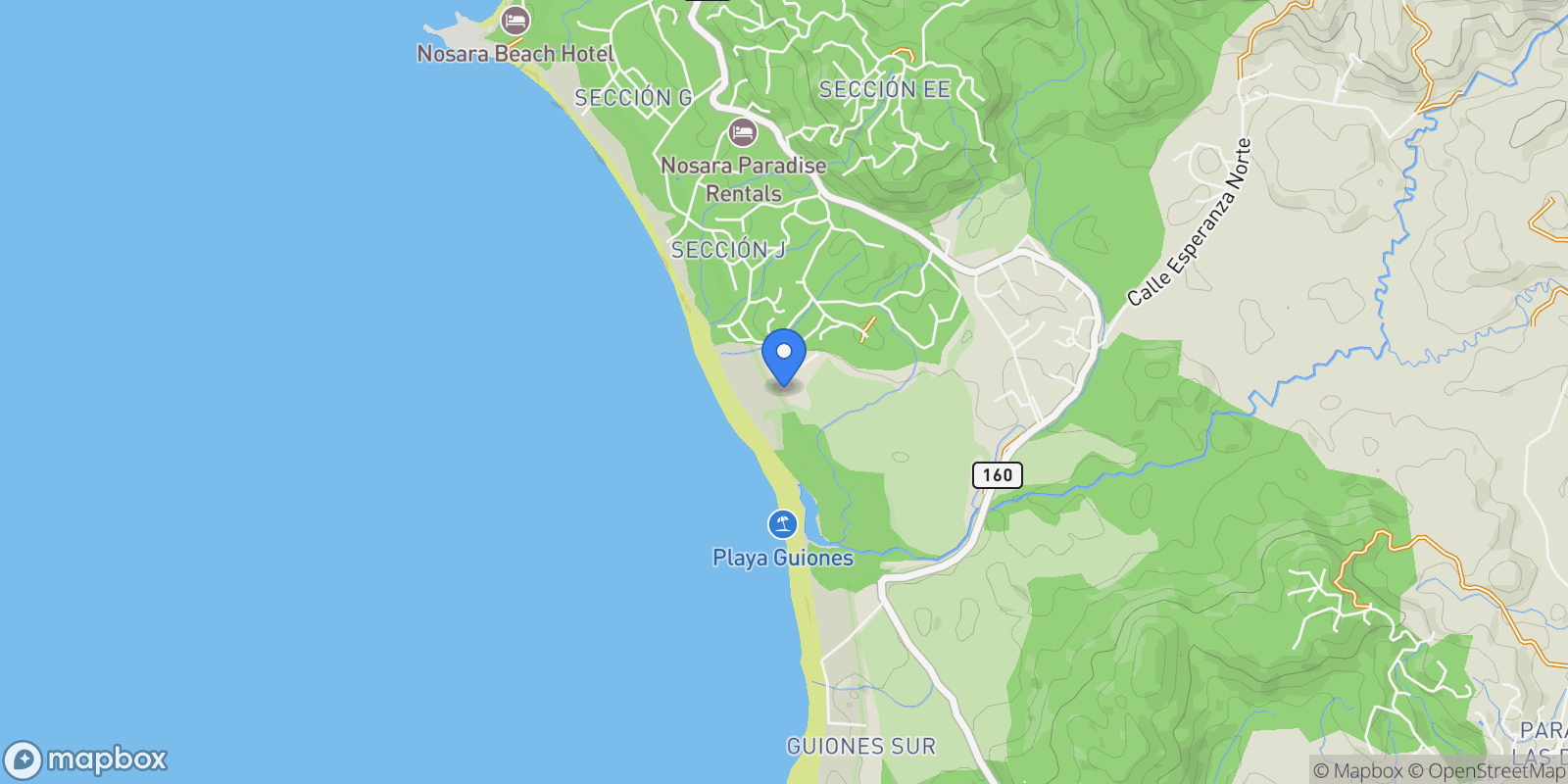 Map showing Nosara | Guiones, Nosara, G, Playa Guiones, Guanacaste Province, Costa Rica.