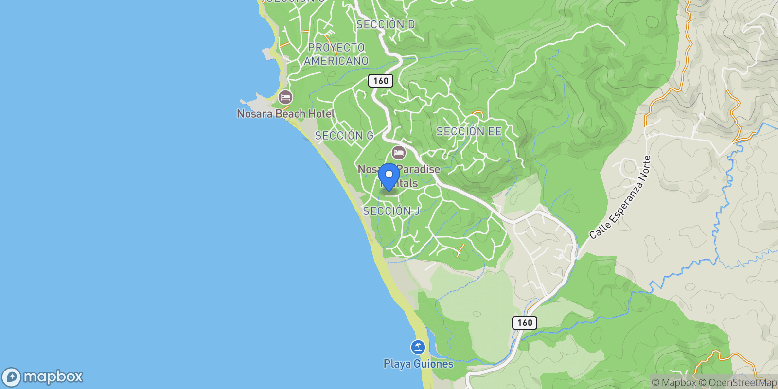 Map showing Nosara | Playa Guiones, Nosara, G, Nosara, Guanacaste Province, Costa Rica.