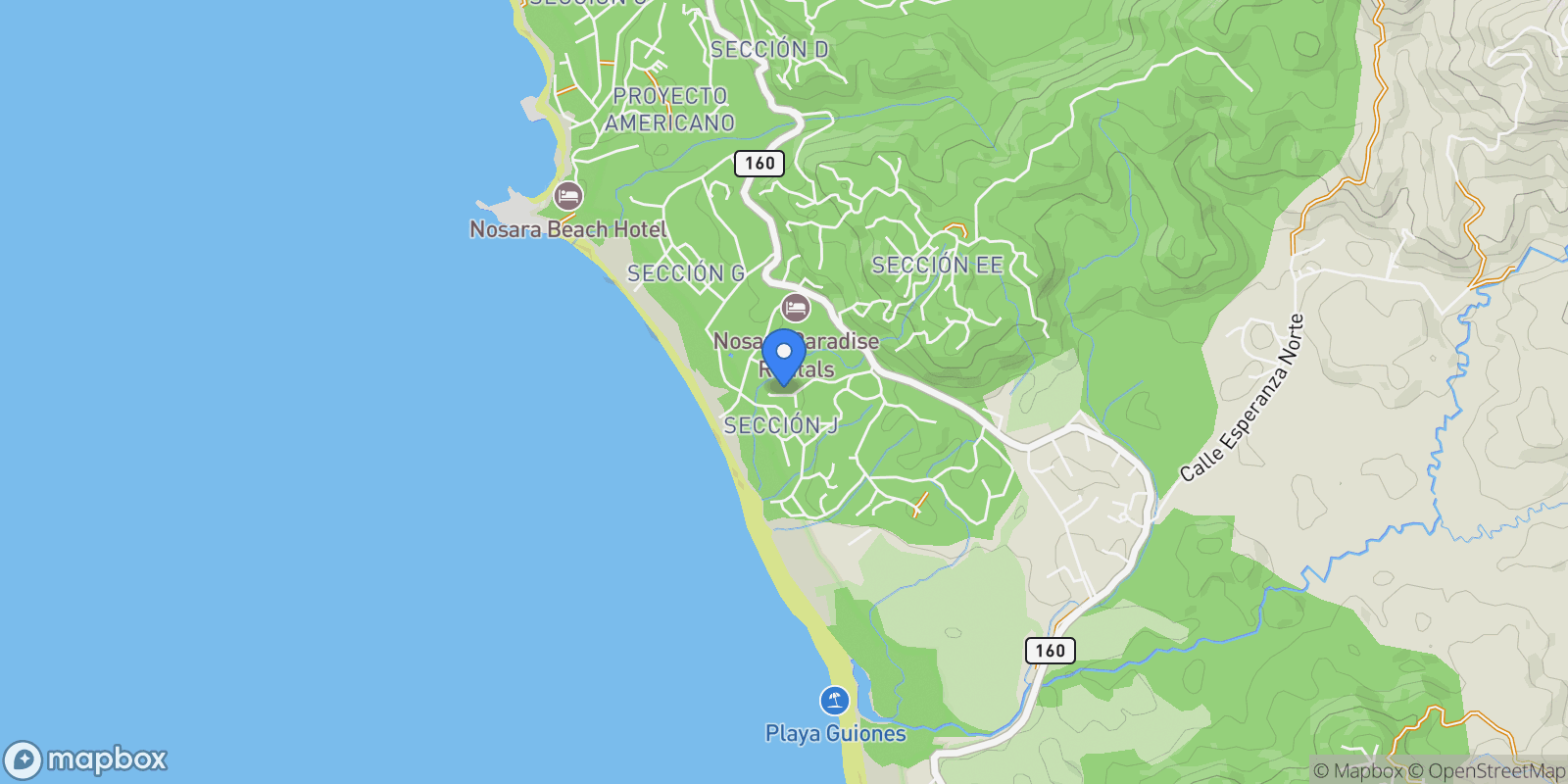Map showing Nosara | Playa Guiones, Nosara, G, Nosara, Guanacaste Province, Costa Rica.