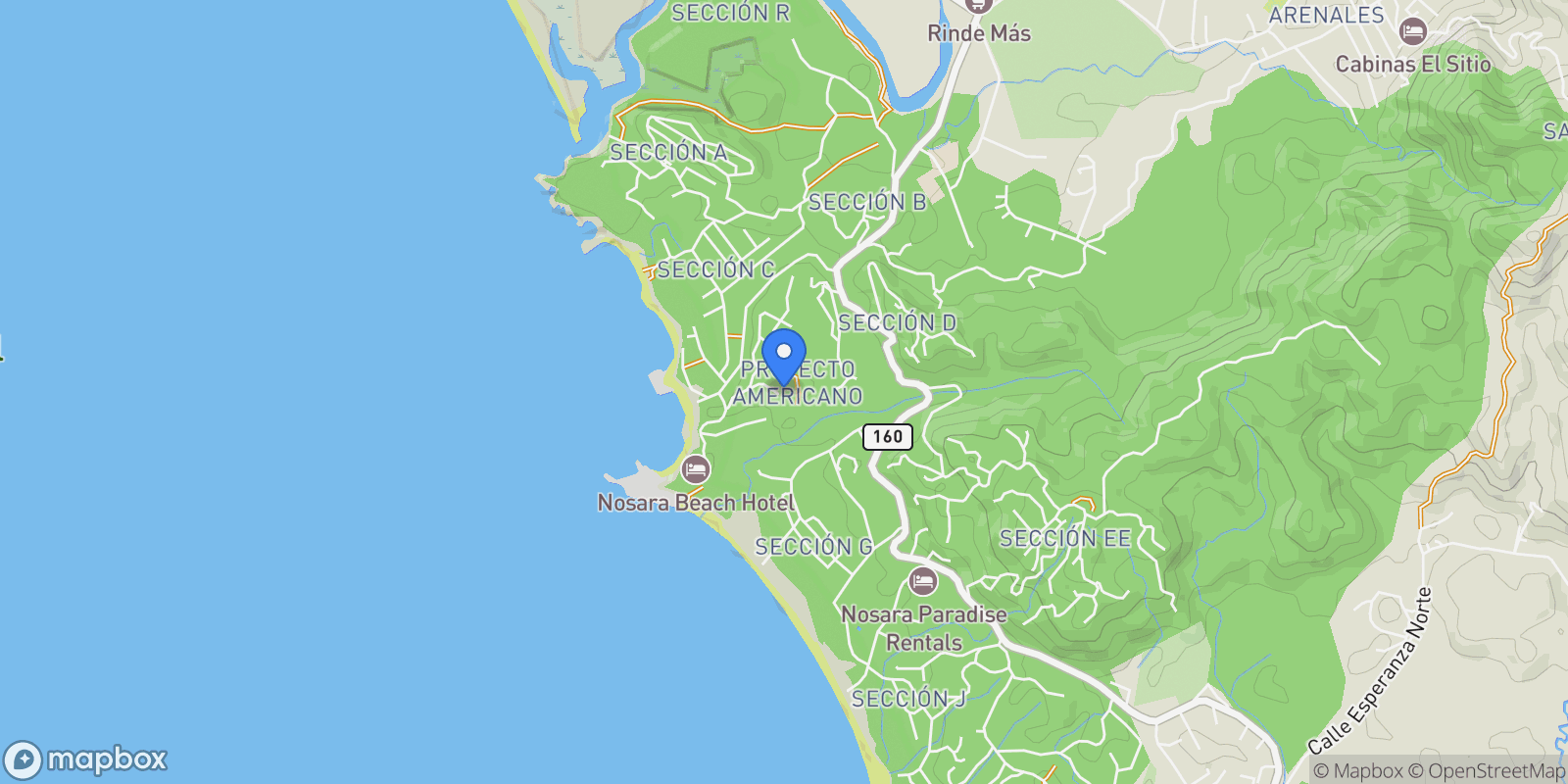 Map showing Nosara | Playa Pelada, Pelada, G, Nicoya, Costa Rica.