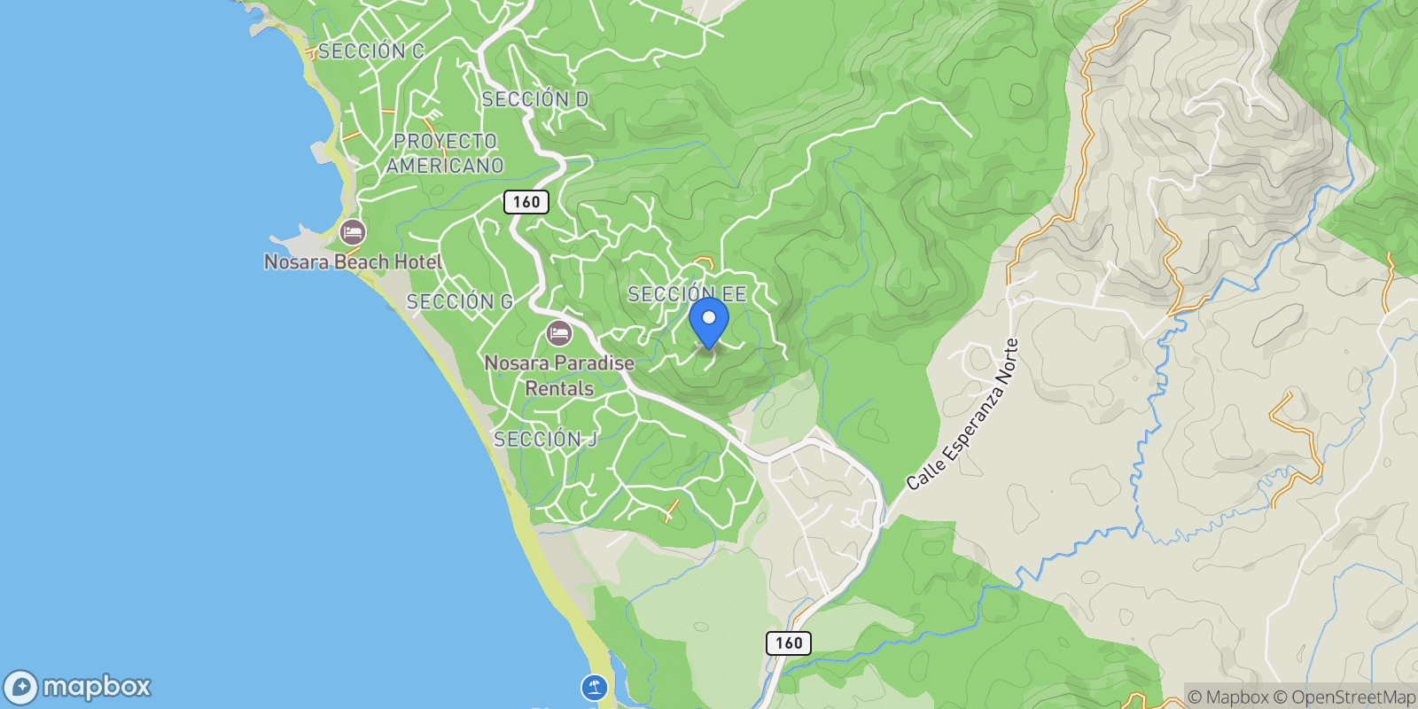 Map showing Nosara | Guiones, Playa Guiones, G, Nicoya, Costa Rica.
