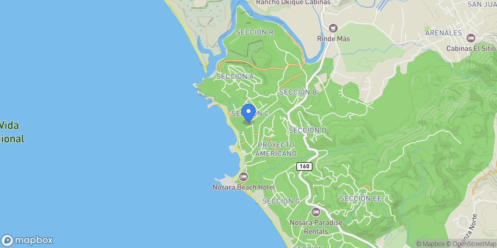 Map showing Nosara | Playa Pelada, Nosara, G 50206, Nosara, Guanacaste Province, Costa Rica.