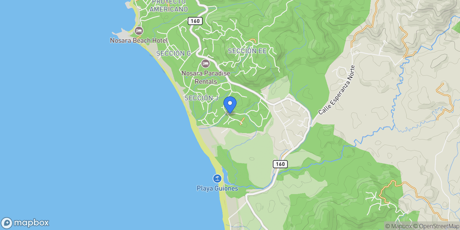 Map showing Nosara | Guiones, Nosara, G, Nicoya, Costa Rica.