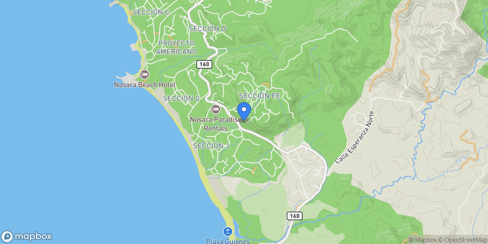 Map showing Nosara | Playa Guiones, Nosara, G, Nicoya, Costa Rica.